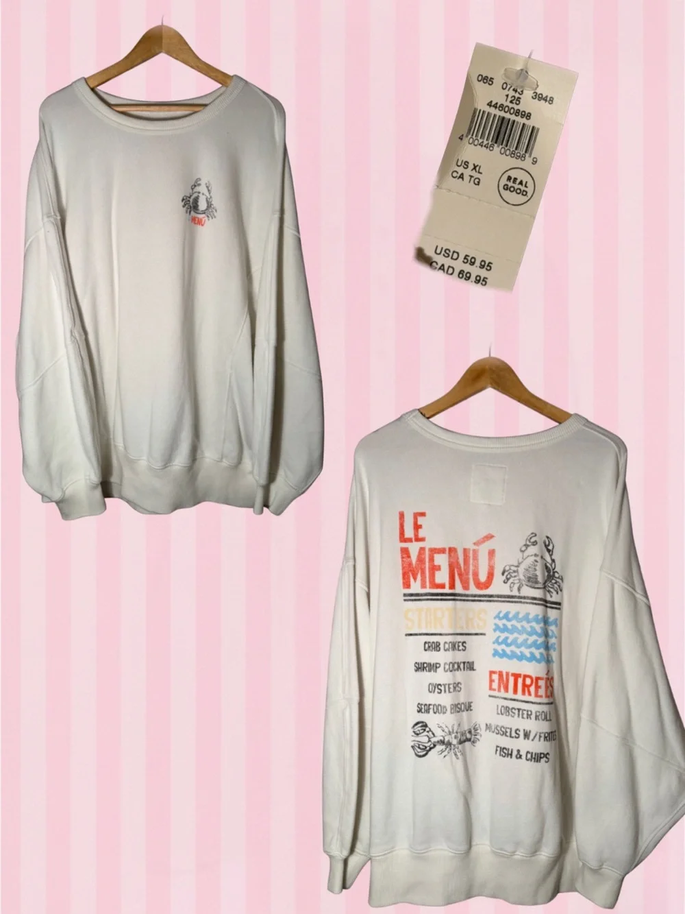 aerie Cream Crewneck Sweater with Colorful 'Le Menu' Back Print